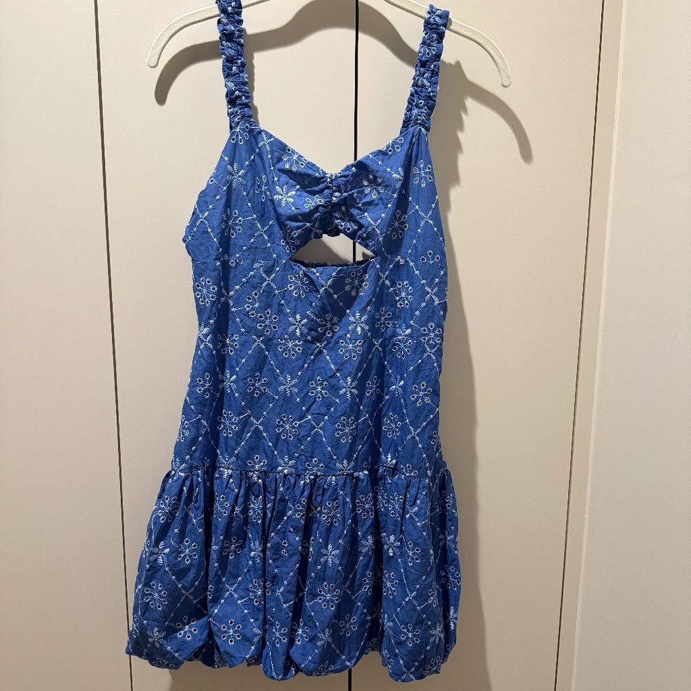Zara Blue Eyelet Bubble Hem Mini Dress, Size S